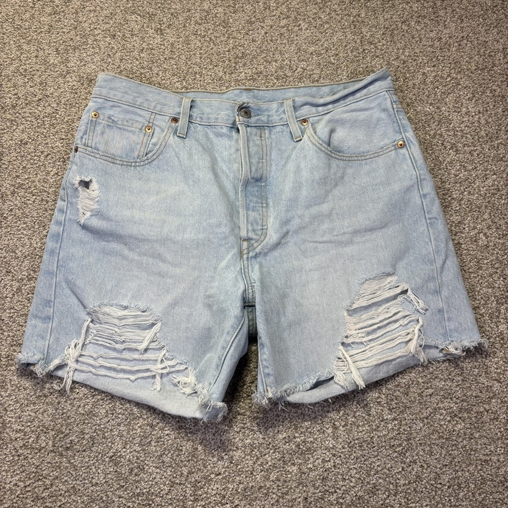 Levis 501 Shorts Womens 33 Blue Light Wash Distressed Cutoff Denim 85833-0033